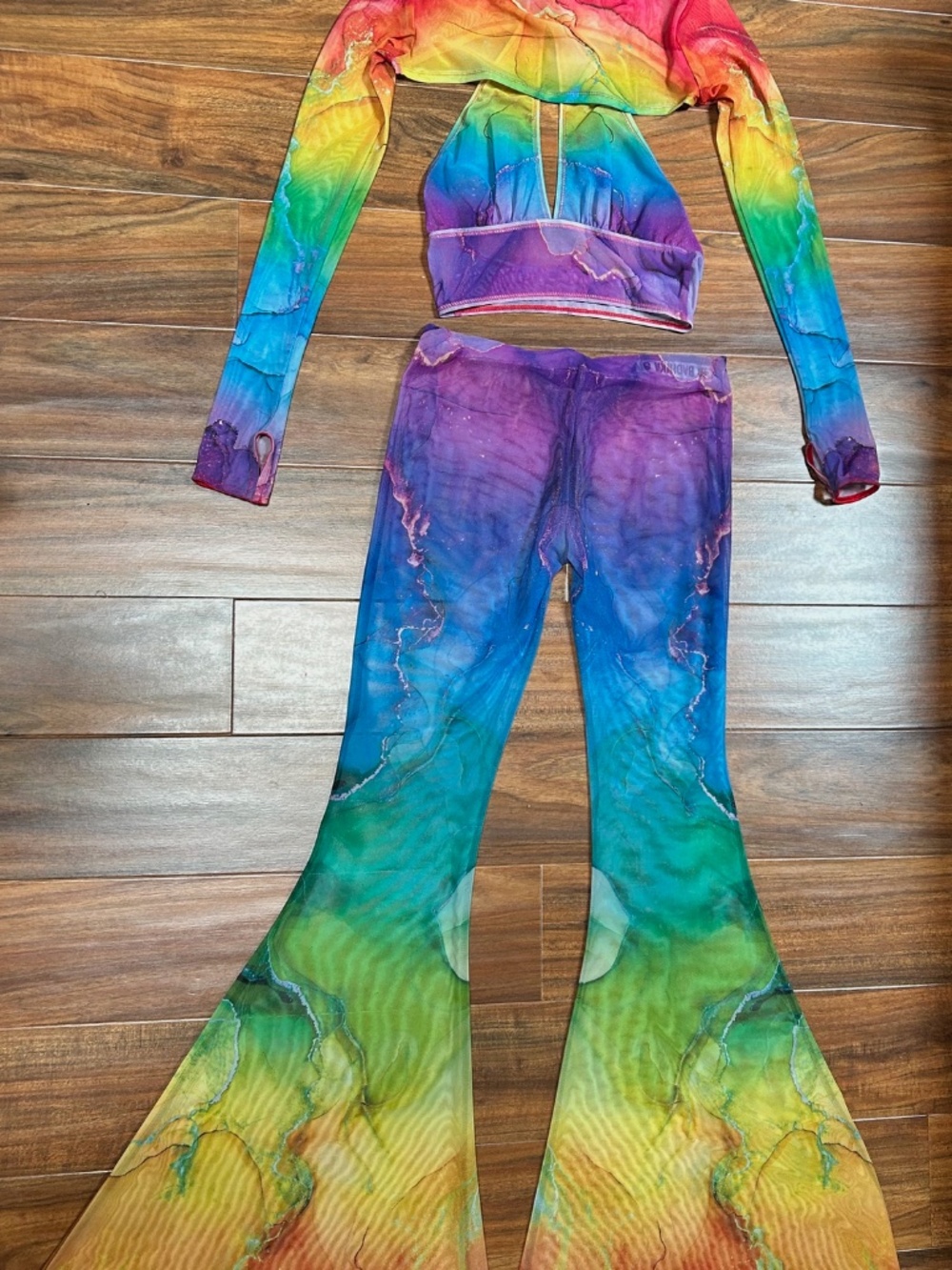 Badinka Rainbow Marble Mesh Set – Bell Bottom Pants + Crossed Sleeve Top-S - Picture 7 of 13